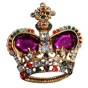 Multi Colored Rhinestone Crown 1.5" Vtg Unsigned Brooch Pin